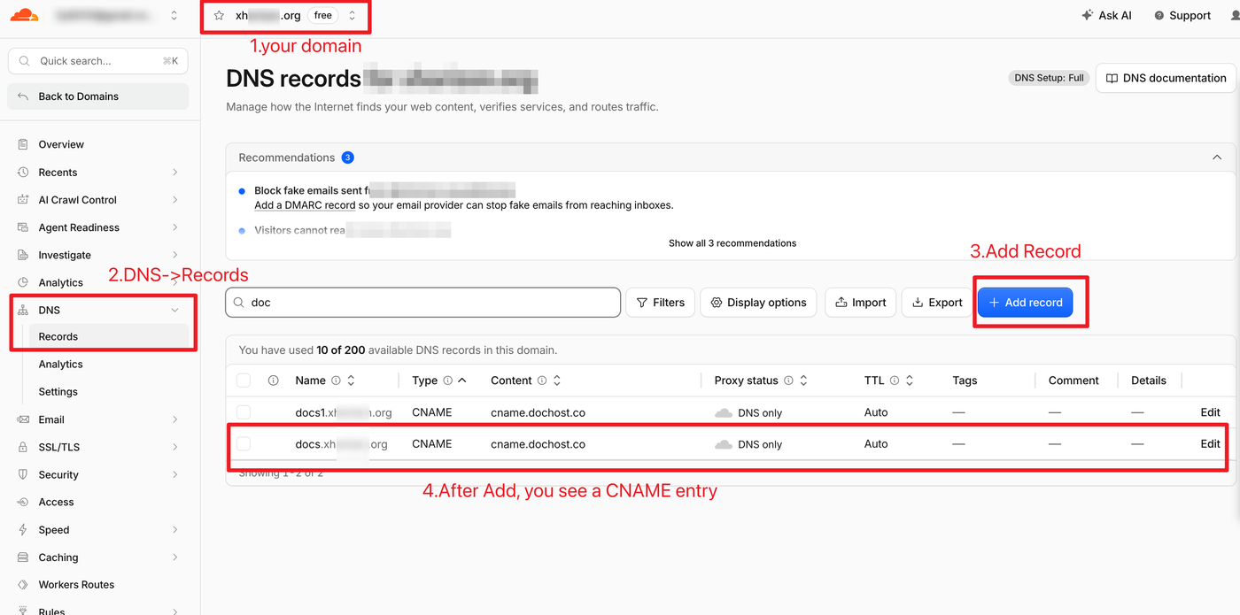 Cloudflare DNS records page with the domain selector, DNS → Records menu, Add record button and the resulting CNAME row highlighted