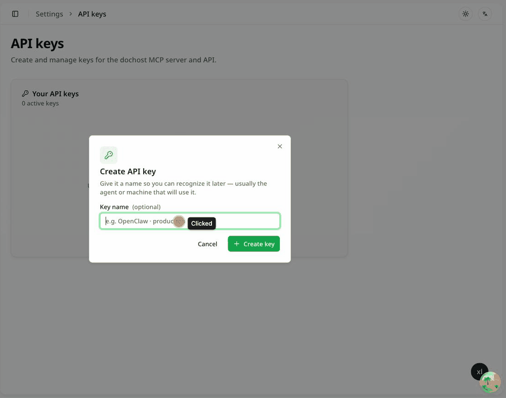 Settings → API keys: clicking Create API key, naming it, and the key appearing once in a reveal dialog