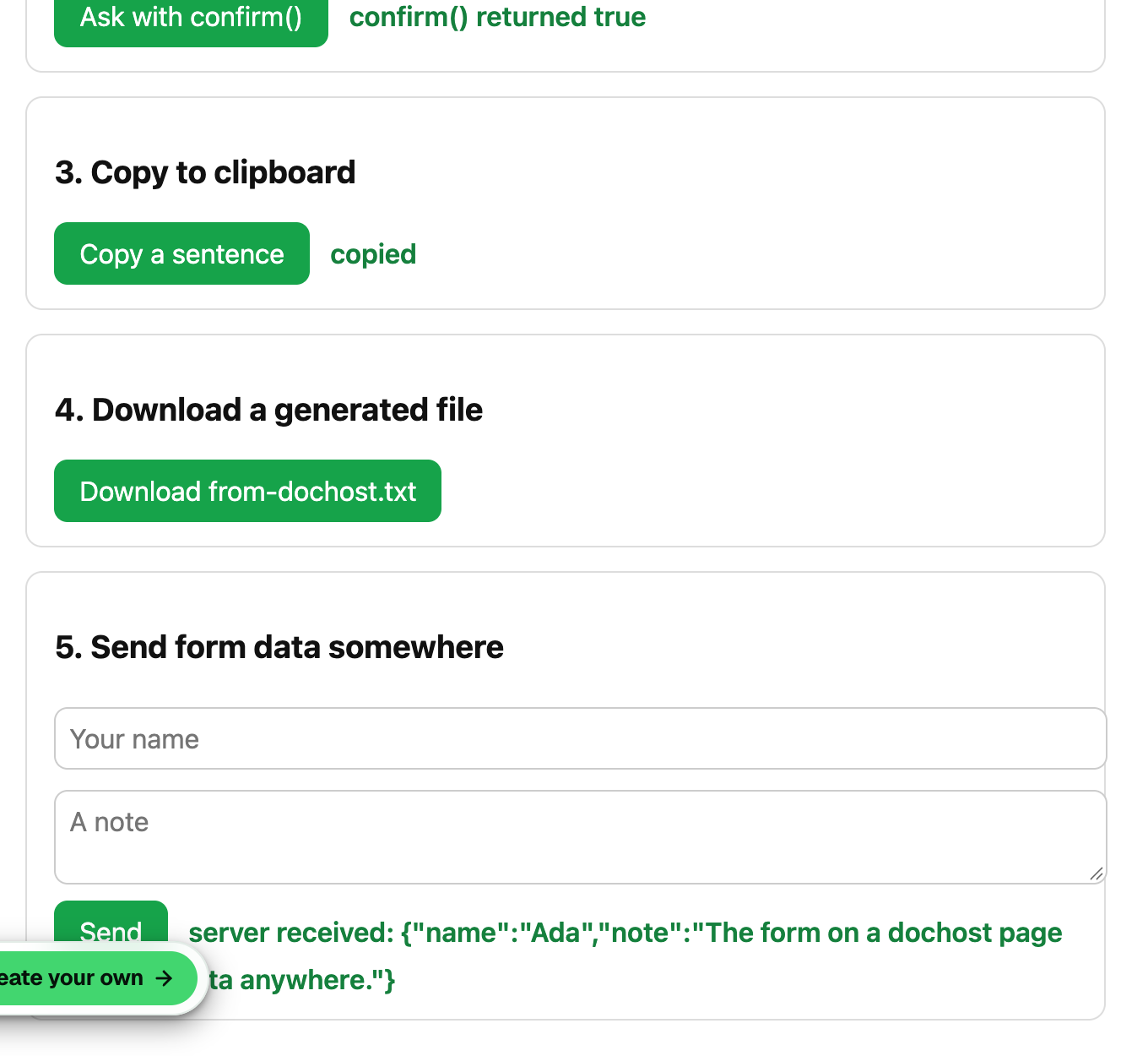 The published demo page: an Interactive page check with a name field, a note field and a Send button
