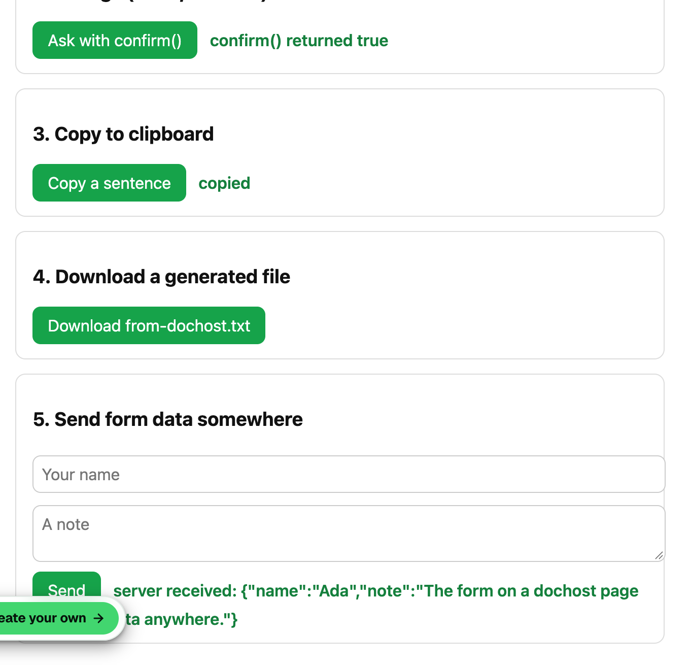 The live test page after clicking through: localStorage counted the visit, confirm() returned true, the clipboard copy succeeded and the form got a server response