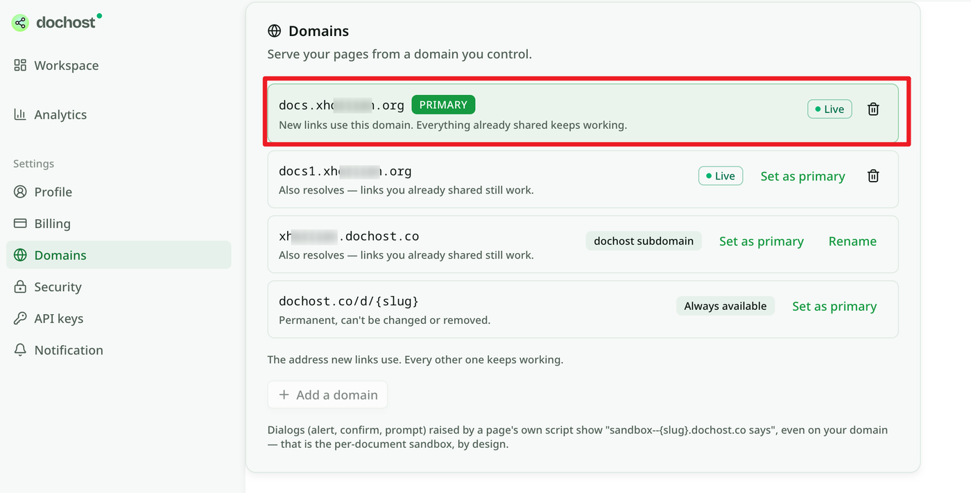Settings → Domains after setup: the custom domain marked PRIMARY and Live, a second domain and the dochost subdomain listed as aliases, and dochost.co/d always available