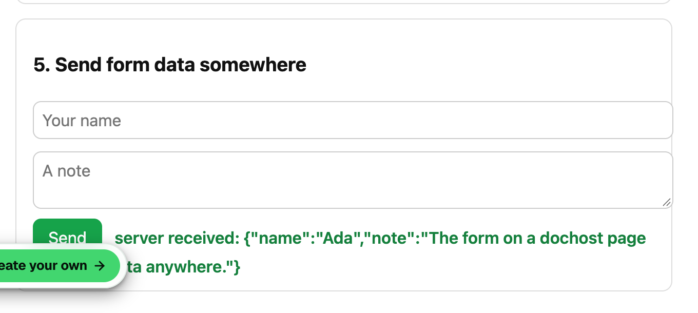 After clicking Send: the page shows "server received" followed by the JSON the endpoint echoed back — the name and note that were typed
