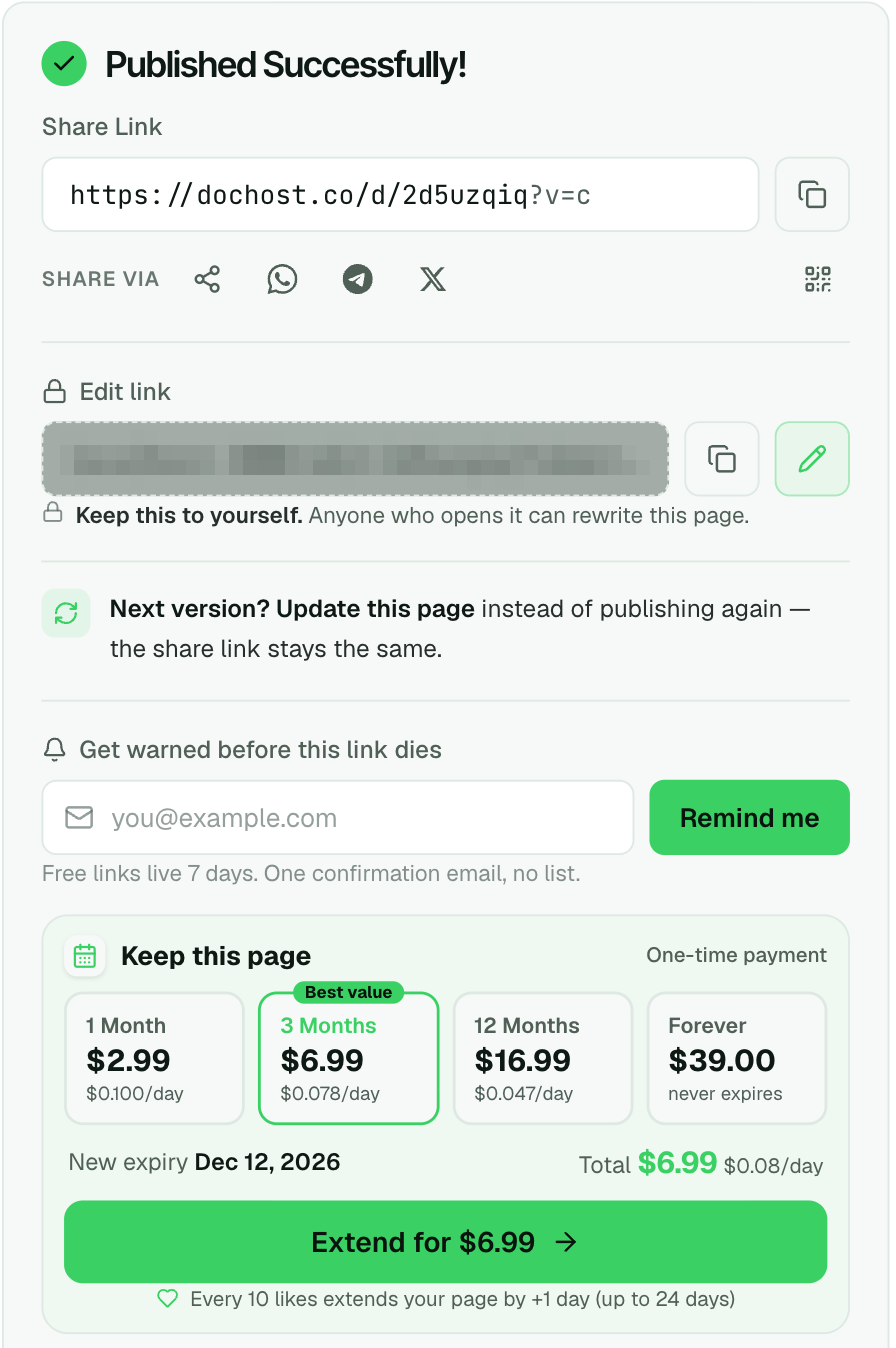 Success panel for a free publish: share link, edit link, a Get warned before this link dies email field, and a Keep this page block