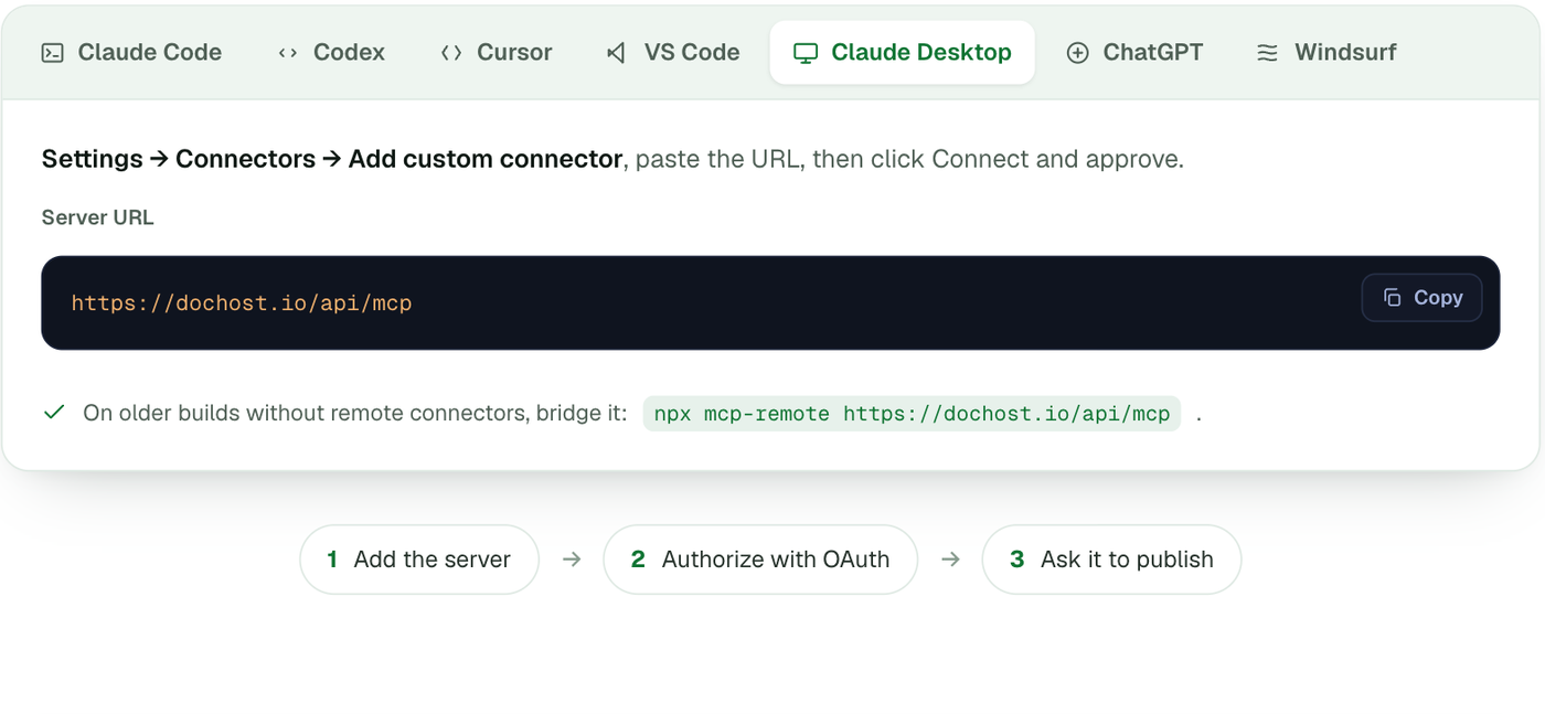 Install for your tool — Claude Desktop tab: Settings → Connectors → Add custom connector, and the server URL