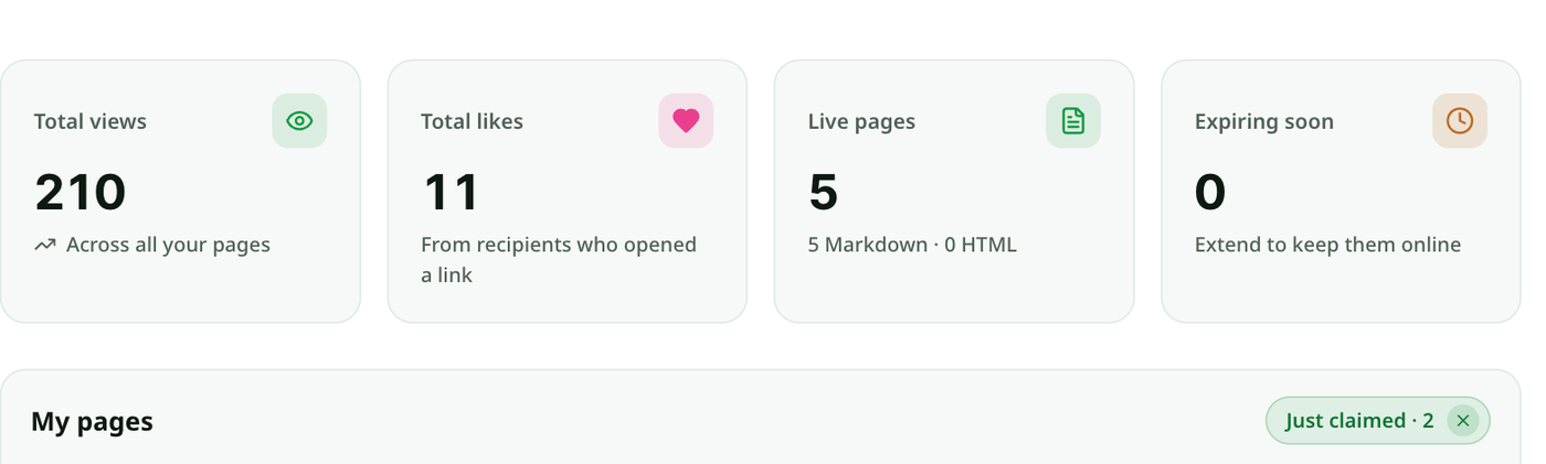 My pages filtered to Just claimed · 2, listing the two pages that were published before sign-in with their links and time left
