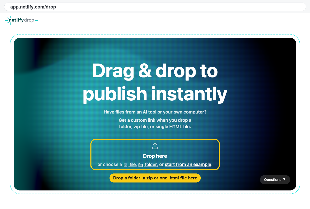 Netlify Drop at app.netlify.com/drop, logged out: the drop zone accepts a folder, a zip or a single HTML file