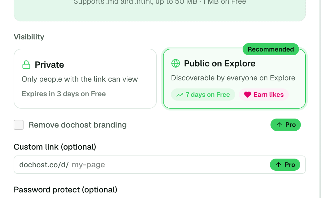 The publish panel on the free plan, with Remove dochost branding, Custom link and Password protect each carrying a Pro badge