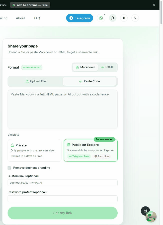Publishing from the homepage: pasting Markdown, choosing Private, typing team-handbook as the custom link and a password, then Get my link
