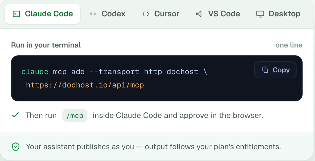 The quick installer on dochost.io/mcp: tabs for Claude Code, Codex, Cursor, VS Code and Desktop, with the one-line claude mcp add command