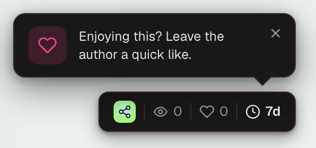 The reader-side pill in the corner of a published page: views, likes and a 7d countdown