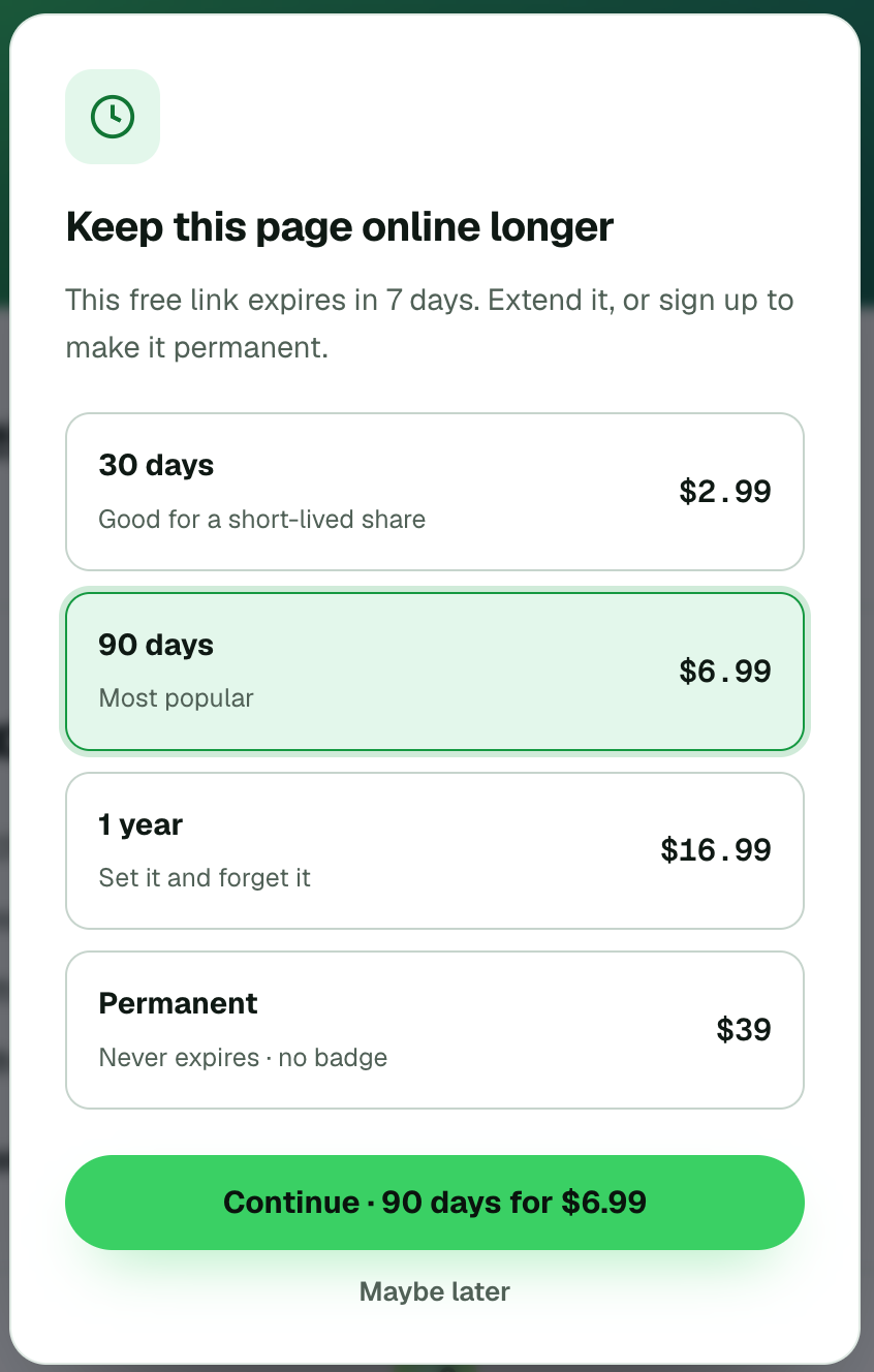 The reader-side extend dialog: Keep this page online longer with the same four options and a Continue button