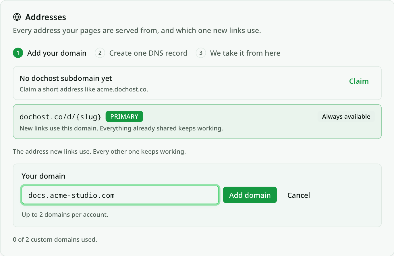 dochost Settings → Domains, with docs.acme-studio.com typed into the Add a domain form