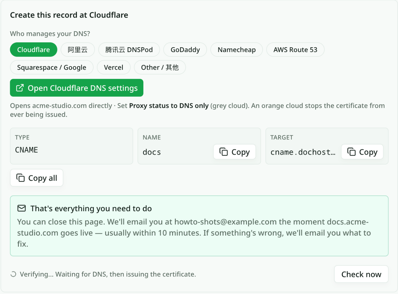 The Create this record card, showing Type CNAME, Name docs, Target cname.dochost.co, with provider chips and an Open Cloudflare DNS settings button