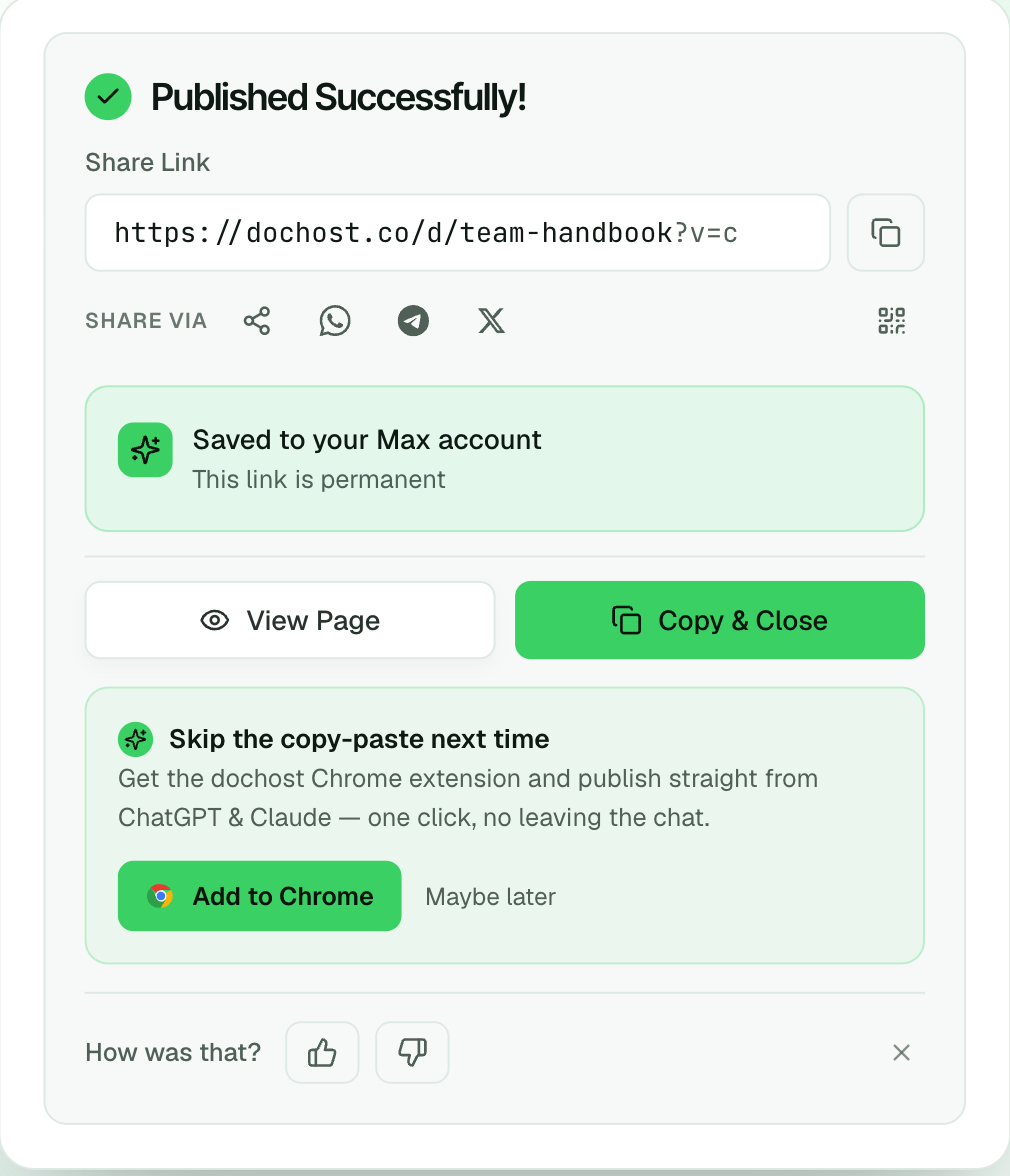 Published Successfully panel with https://dochost.co/d/team-handbook, Saved to your Max account, and View Page / Copy & Close buttons