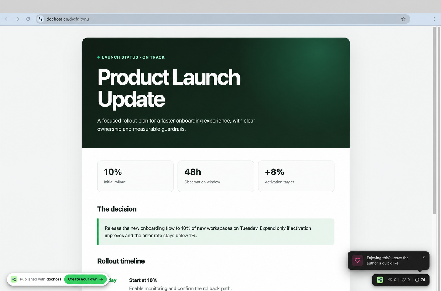 A live Product Launch Update HTML page published by @dochost_bot and opened on dochost