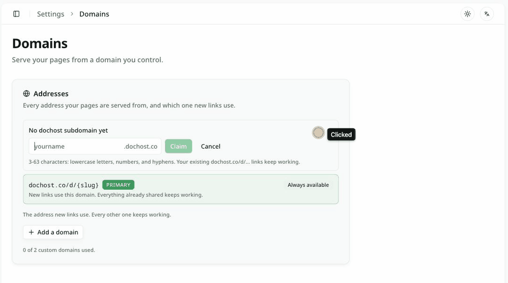 Settings → Domains: clicking Claim, typing acme-studio, and the row turning into acme-studio.dochost.co marked PRIMARY