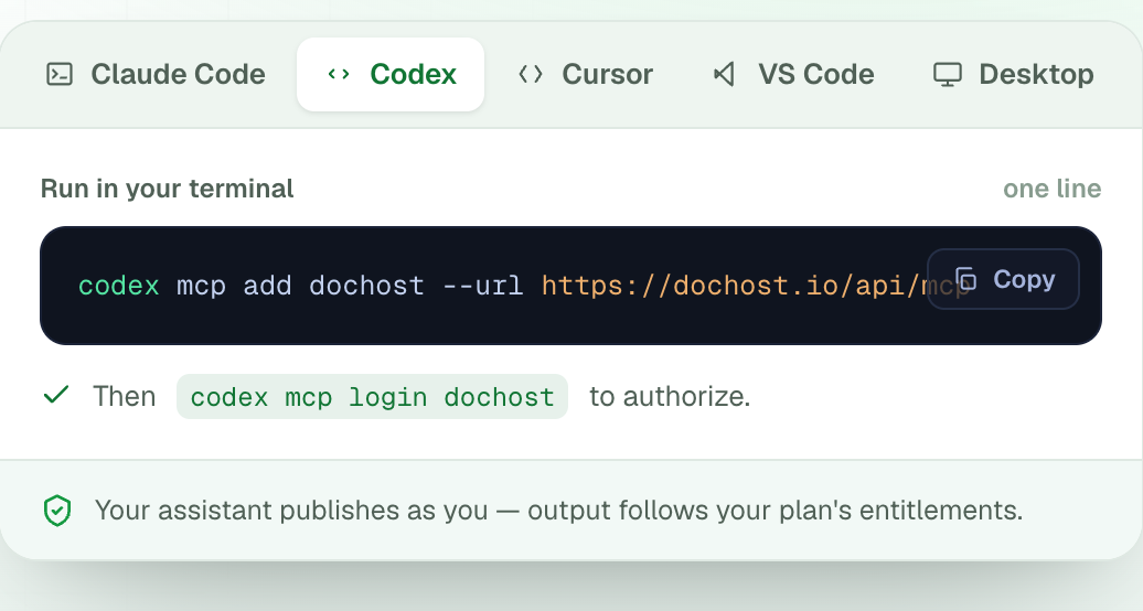The Codex tab on dochost.io/mcp: codex mcp add dochost --url https://dochost.io/api/mcp, then codex mcp login dochost to authorize