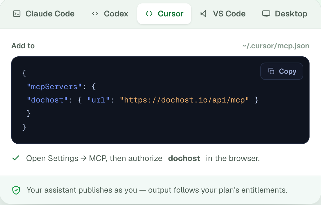 The Cursor tab on dochost.io/mcp: a JSON block with mcpServers → dochost → url, and the note Open Settings → MCP, then authorize dochost in the browser