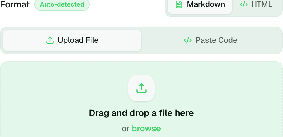 The upload panel on the homepage: Drag and drop a file here, or browse — Supports .md and .html, up to 50 MB · 1 MB on Free