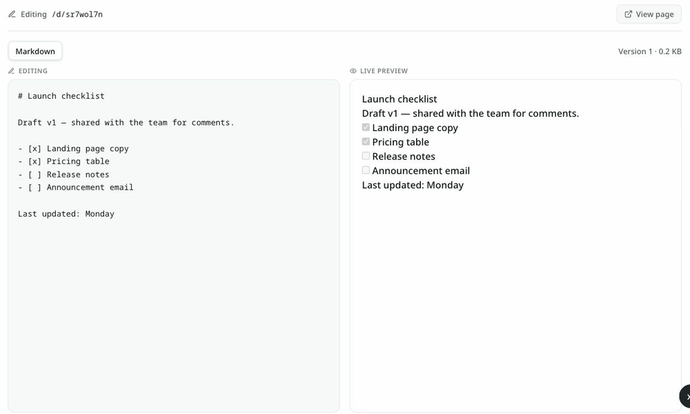 Editing the page: the draft note and checklist change, the preview follows, Update page is clicked, and the header changes from Version 1 to Version 2