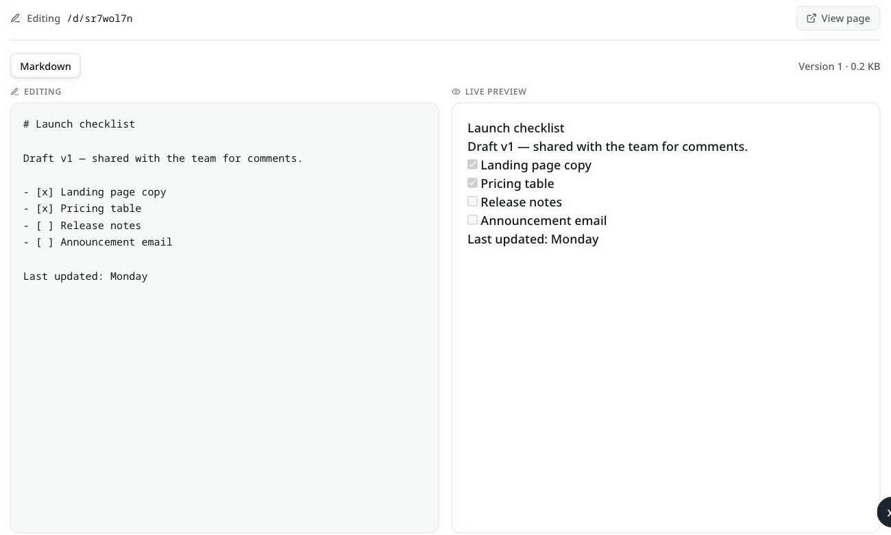 The editor: Editing /d/sr7wol7n, a Markdown format badge, Version 1 · 0.2 KB, the source on the left and a live preview on the right, and an Update page button
