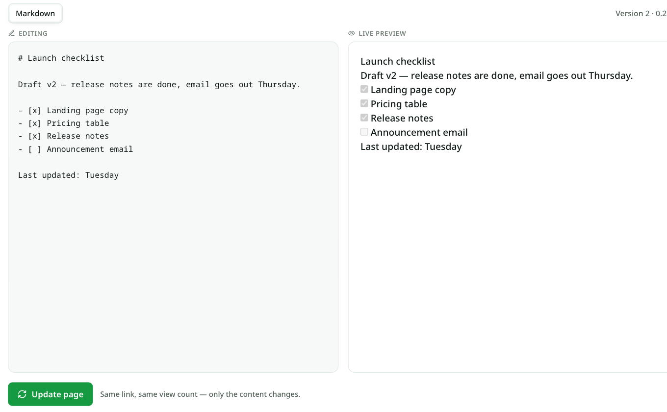 The editor after saving: Version 2 · 0.2 KB with the updated content