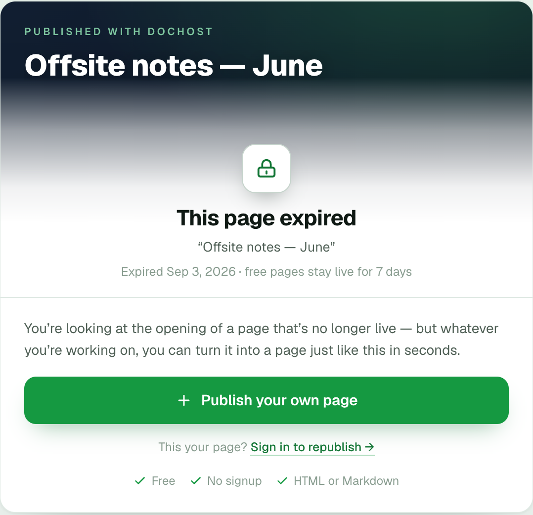 This page expired — the page's title, Expired Sep 3, 2026 · free pages stay live for 7 days, a faded preview of the page's opening, a Publish your own page button, and This your page? Sign in to republish