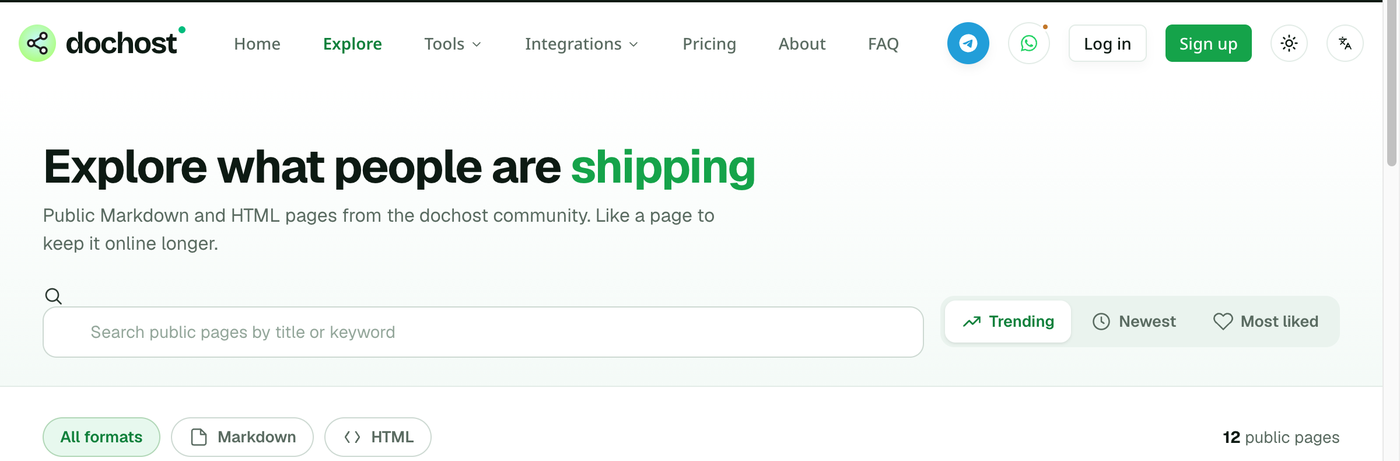 Explore: "Explore what people are shipping", a search box, Trending / Newest / Most liked sort buttons, and All formats / Markdown / HTML filters