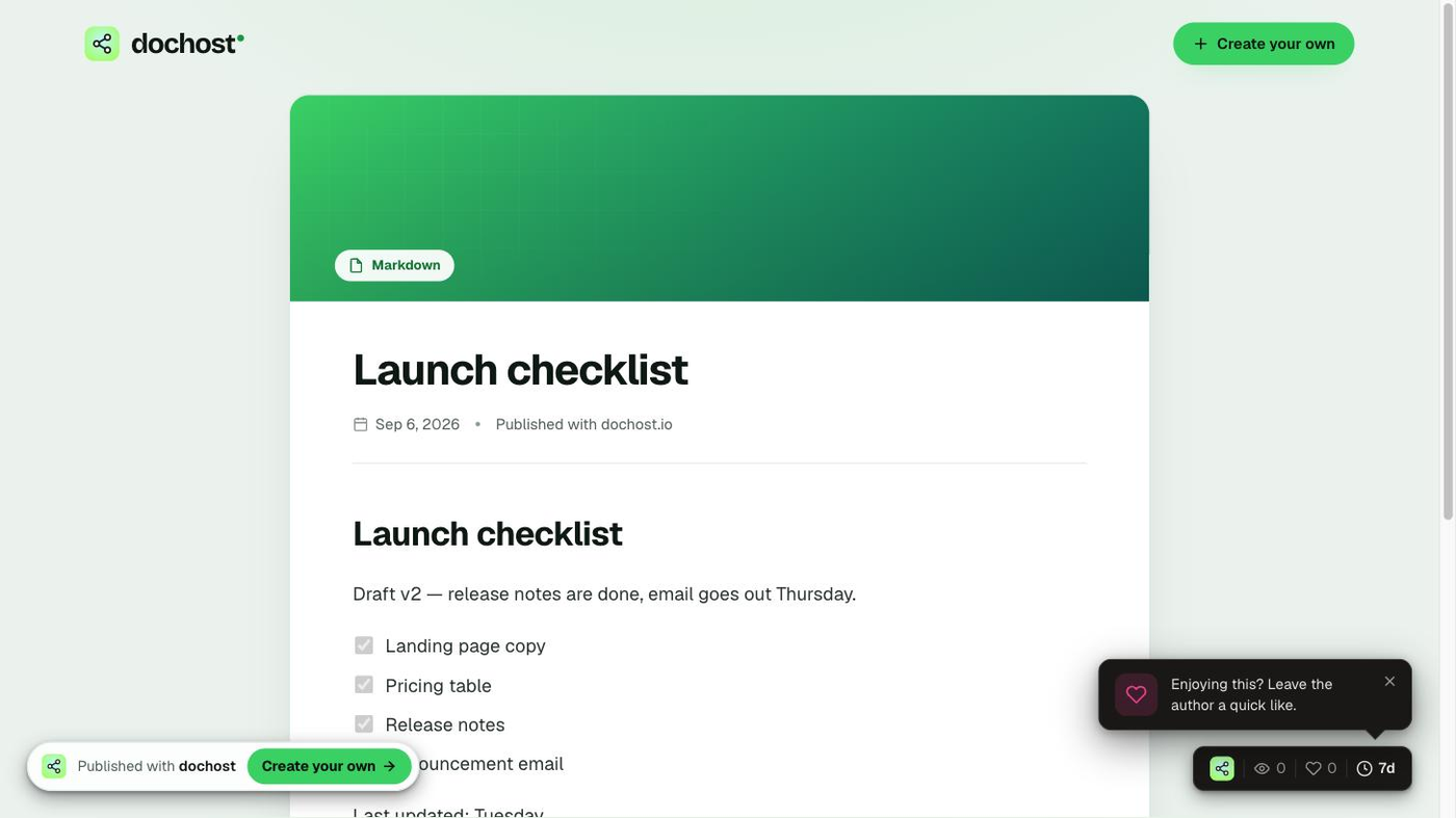 The published page at the same share link now showing Draft v2 with the Release notes item checked