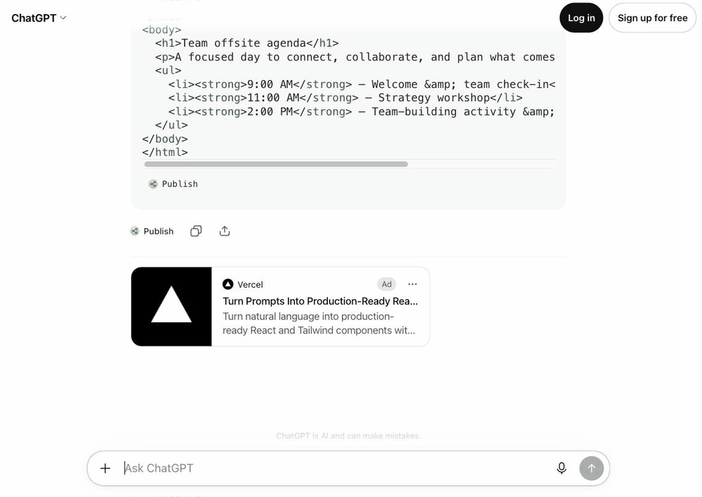 A ChatGPT answer with an HTML code block, the extension's Publish button under the block, the Publish to dochost panel, and the Published dialog with the link
