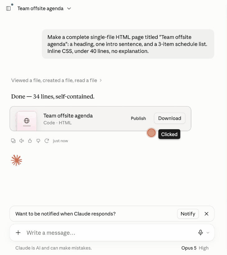 A Claude chat: the extension's Publish button on the file card, the Publish to dochost panel with a live preview, and the Published dialog with the link