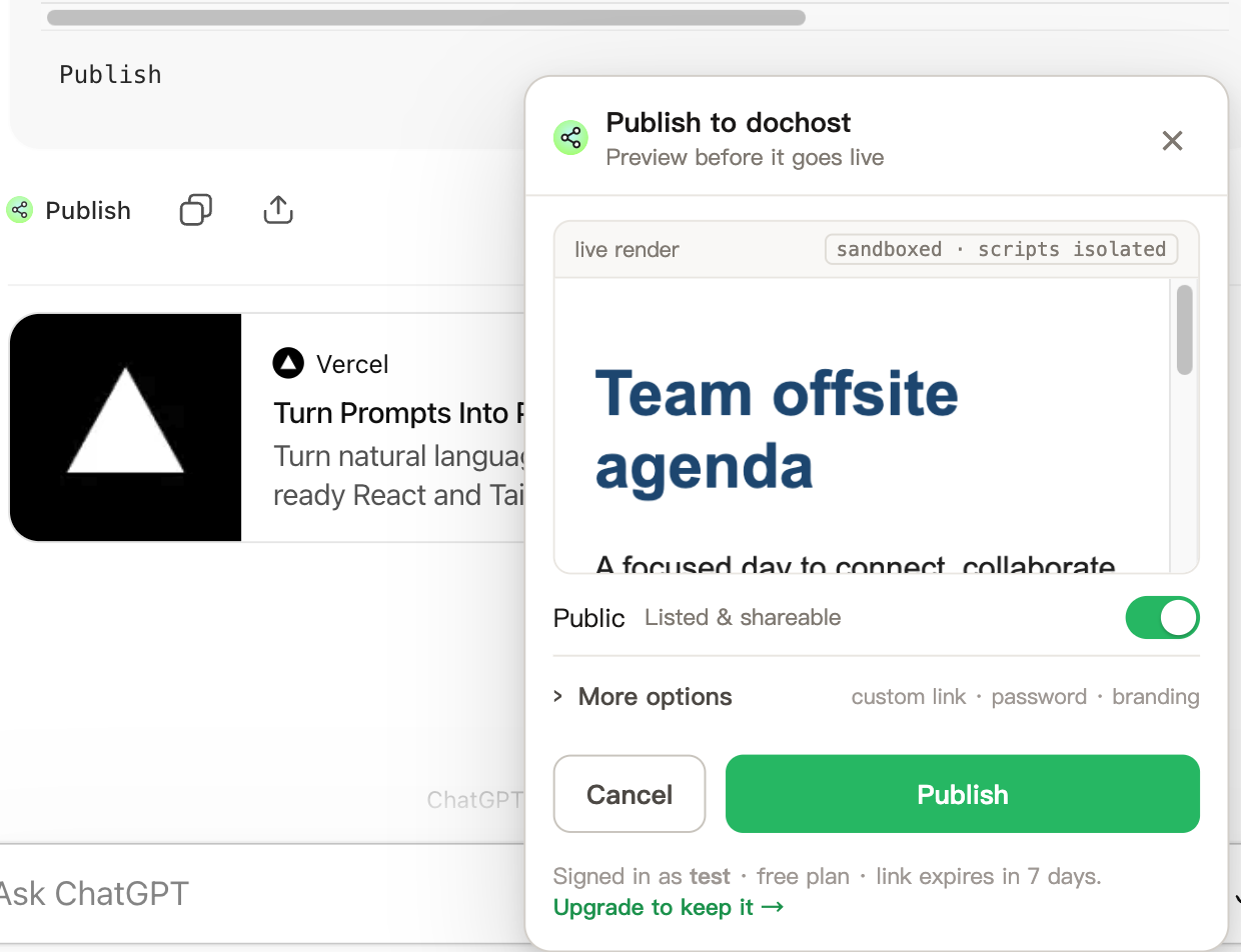 The Publish to dochost panel over a ChatGPT answer: live render, Public toggle, More options, Cancel and Publish, and the footer showing the signed-in account and link lifetime