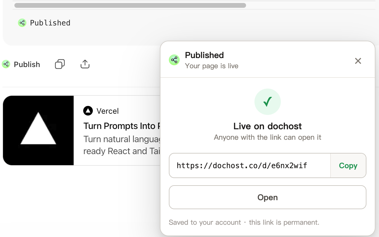 Published — Your page is live: the dochost.co/d link with Copy and Open, and the code block's button now reading Published