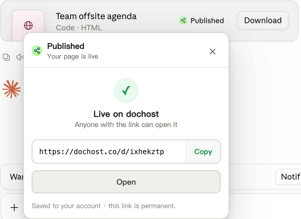 Published — Your page is live: the dochost.co/d link with Copy and Open buttons, and the file card showing Published