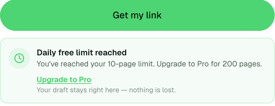 Free page limit reached — You've reached your 10-page limit. Upgrade to Pro for 200 pages. Upgrade to Pro. Your draft stays right here — nothing is lost.