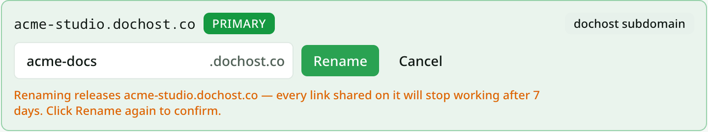 The rename warning: Renaming releases acme-studio.dochost.co — every link shared on it will stop working after 7 days. Click Rename again to confirm.