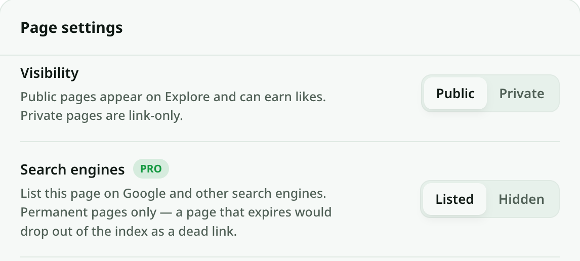 Page settings with Visibility set to Public and Search engines switched to Listed