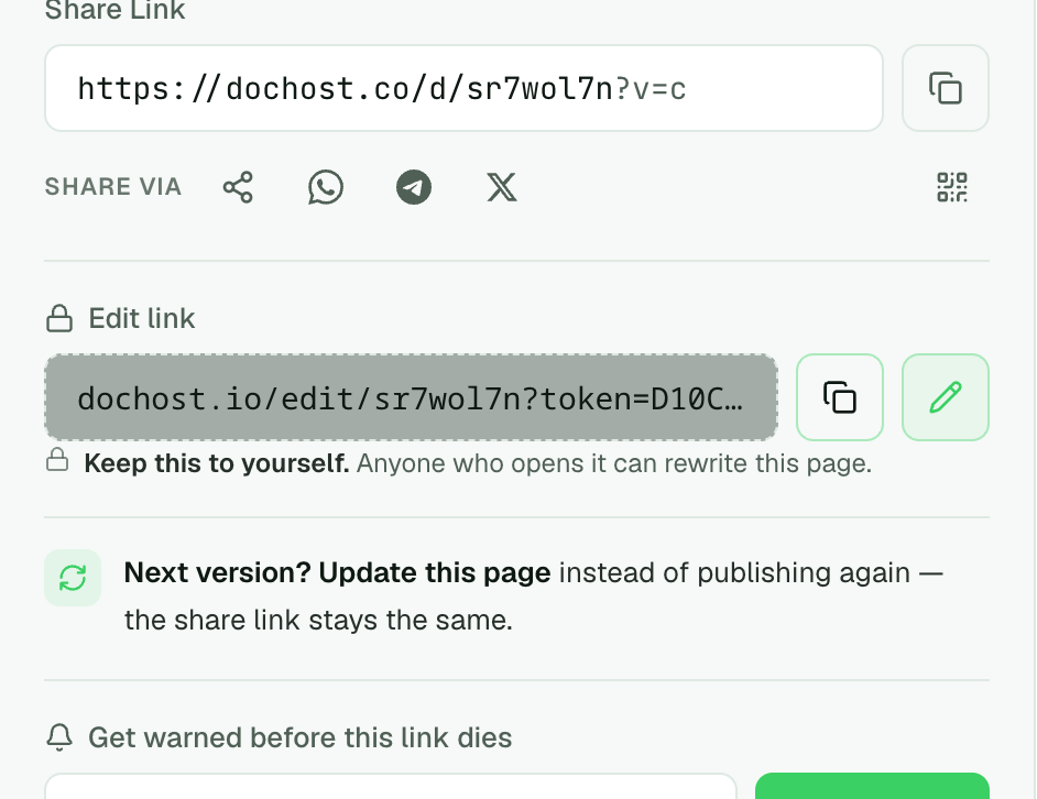 Published Successfully: the share link, the share-via row, then Edit link — dochost.io/edit/sr7wol7n?token=D10C… with copy and open buttons, the note Keep this to yourself. Anyone who opens it can rewrite this page, and Next version? Update this page instead of publishing again — the share link stays the same