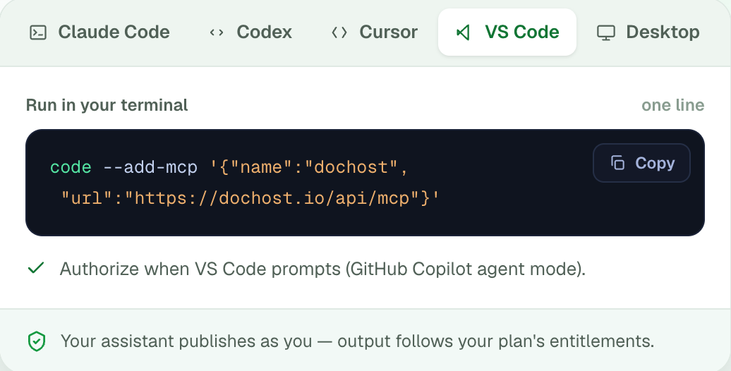 The VS Code tab on dochost.io/mcp: code --add-mcp with a JSON argument naming dochost and the server URL; authorize when VS Code prompts in Copilot agent mode