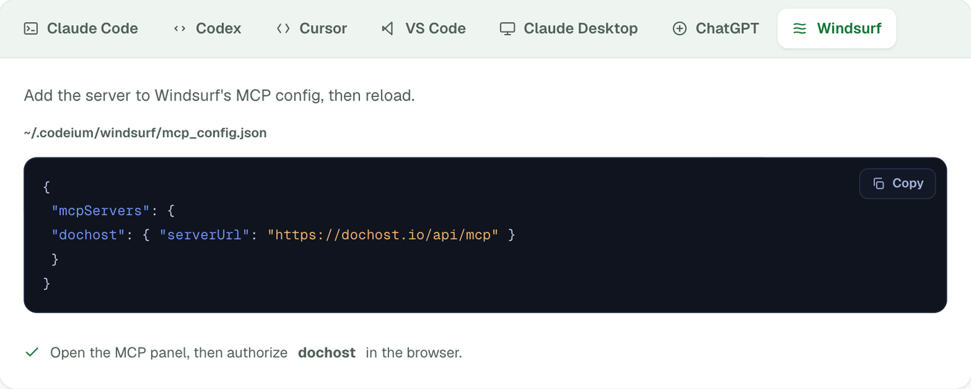 The Windsurf tab in the full installer on dochost.io/mcp: mcp_config.json with mcpServers → dochost → serverUrl, and the note to open the MCP panel and authorize