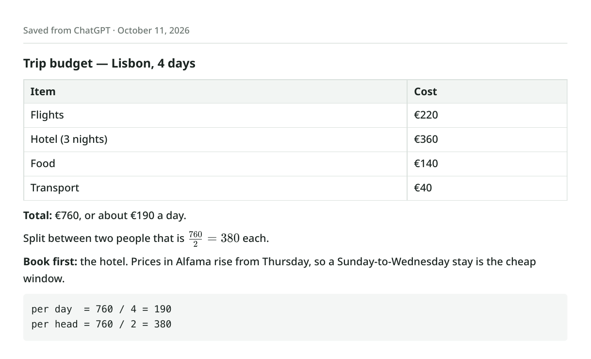 The top of the A4 PDF saved from the Lisbon trip-budget sample: a date line, the heading, a cost table with a shaded header row, the total, the per-person split typeset as the fraction 760 over 2 equals 380, and the arithmetic in a grey code box.